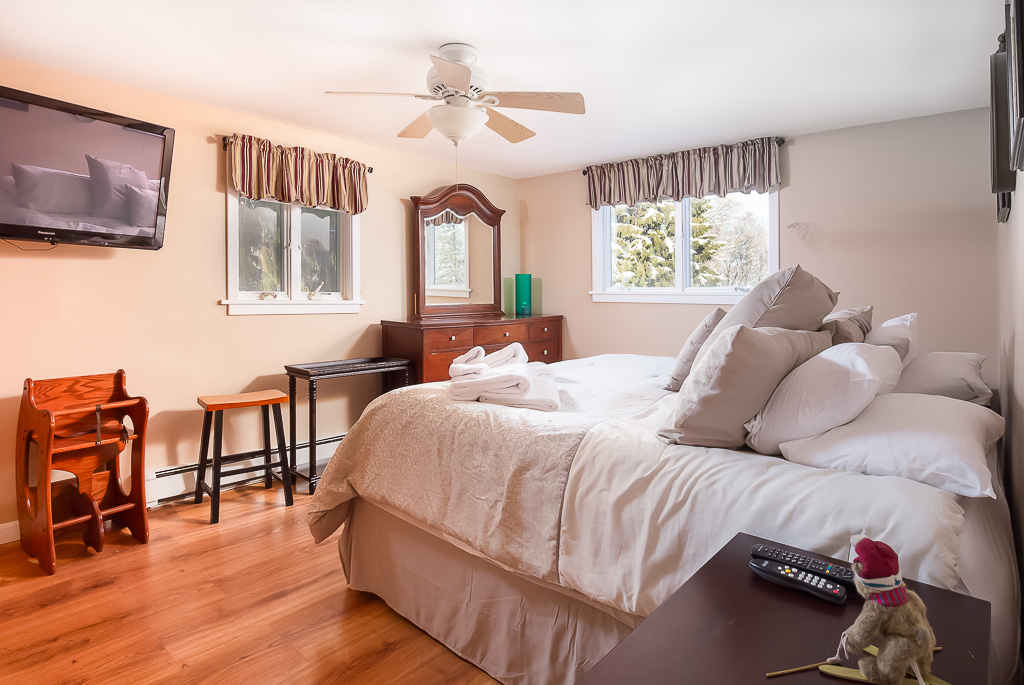 Queen bedroom with ceiling fan, dresser with mirror, and snowy window views