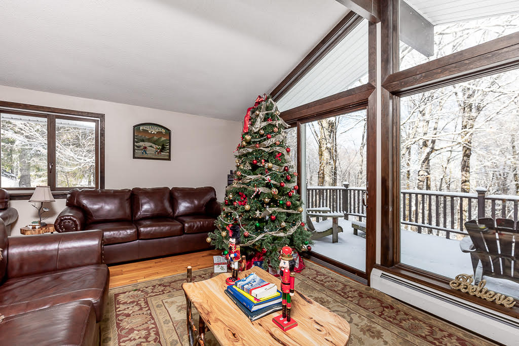 Living room with leather sofas and panoramic windows onto snowy woods