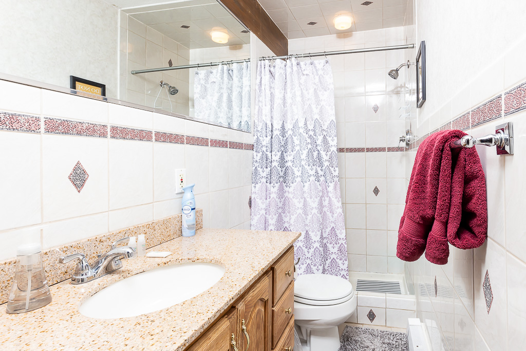 White-tiled bathroom with tub-shower, granite vanity, and elegant accent tile
